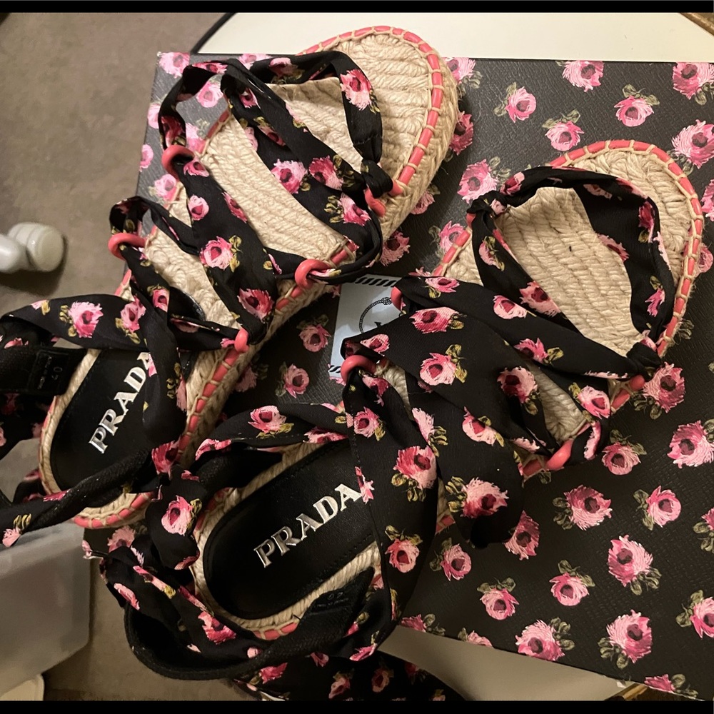 Prada beautiful lace up floral espadrille espadrilles summer sandals 40 9 9.5 - Picture 5 of 11